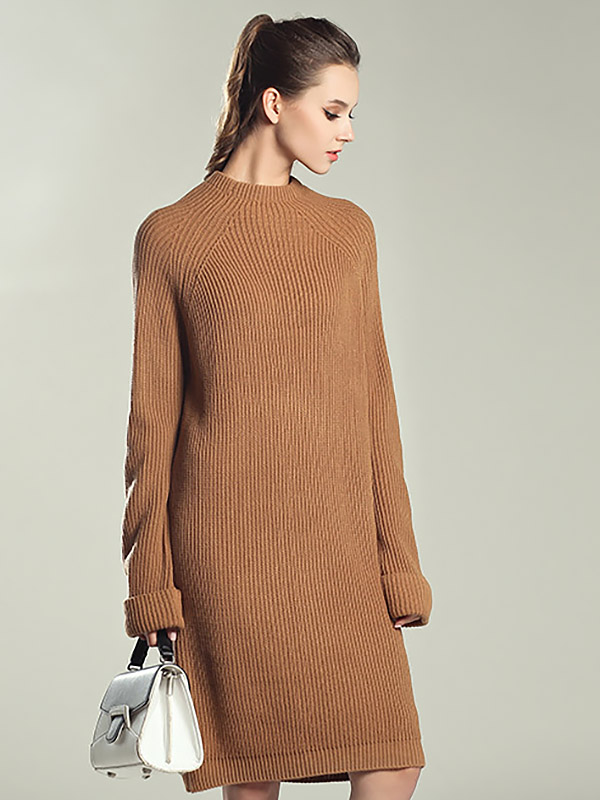 Camel Roll Sleeves Midi Knit Dresses