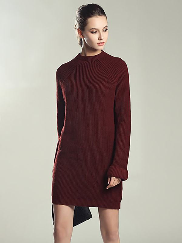 Wine Red Roll Sleeves Midi Knit Dresses