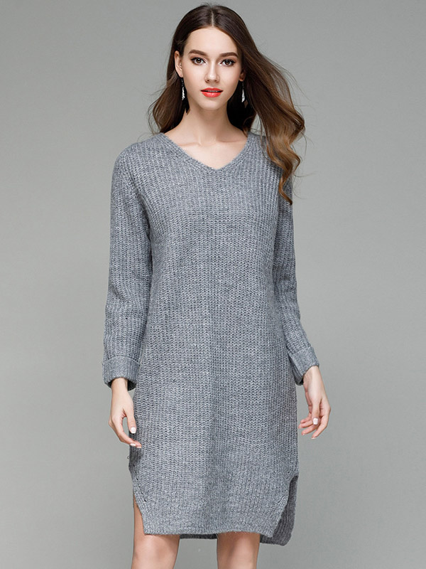 Grey V-neck Maxi Shift Knit Dresses