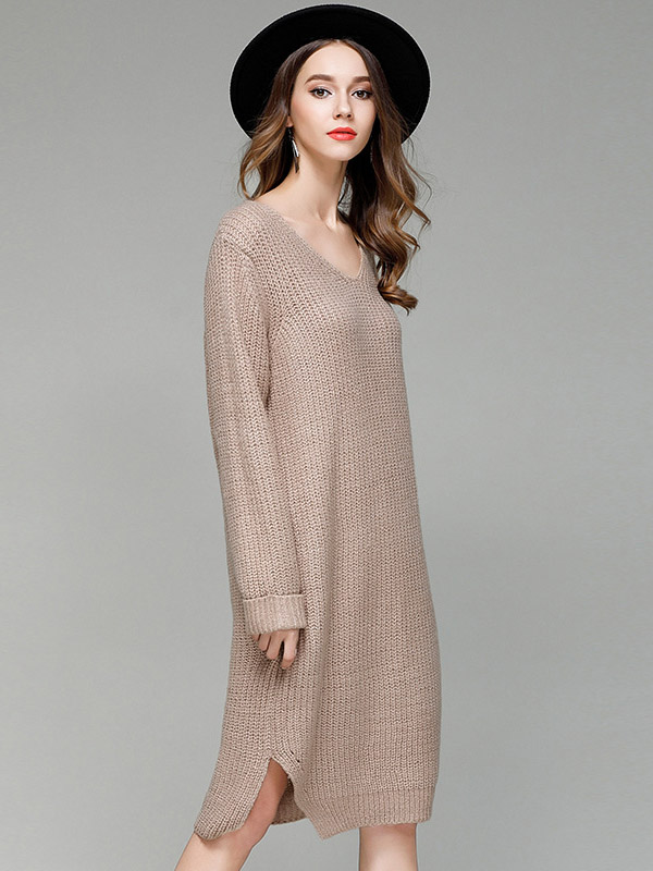 Brown V-neck Maxi Shift Knit Dresses