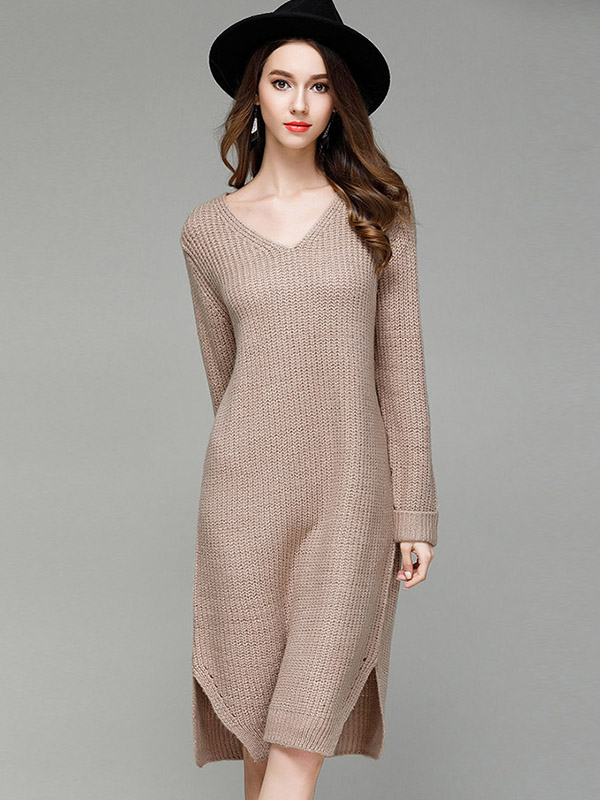 Brown V-neck Maxi Shift Knit Dresses