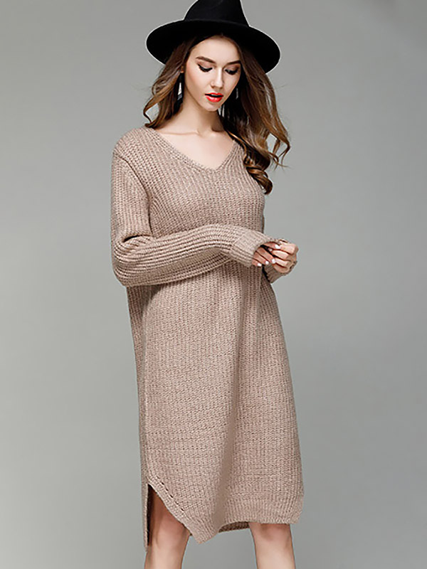 Brown V-neck Maxi Shift Knit Dresses