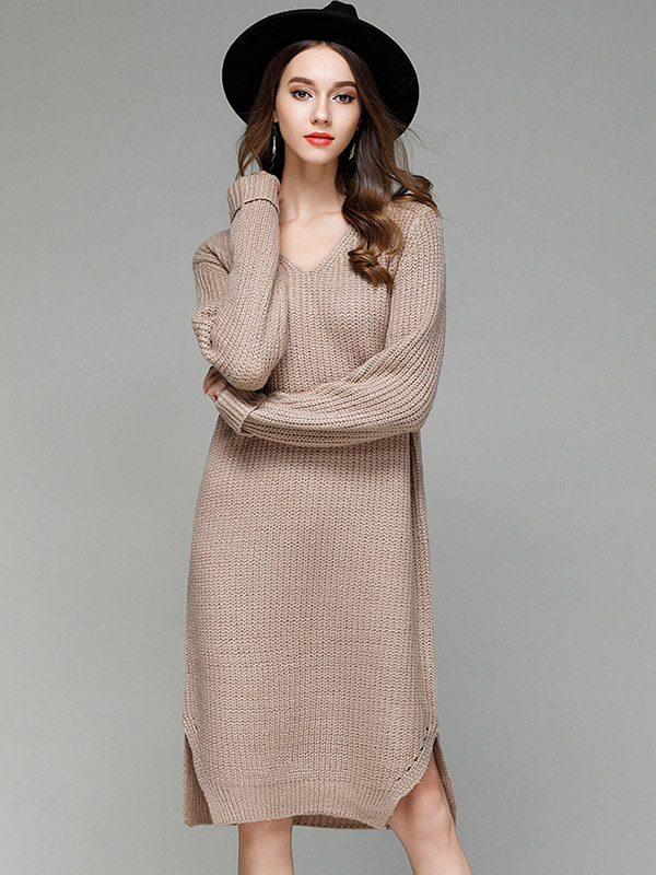 Brown V-neck Maxi Shift Knit Dresses