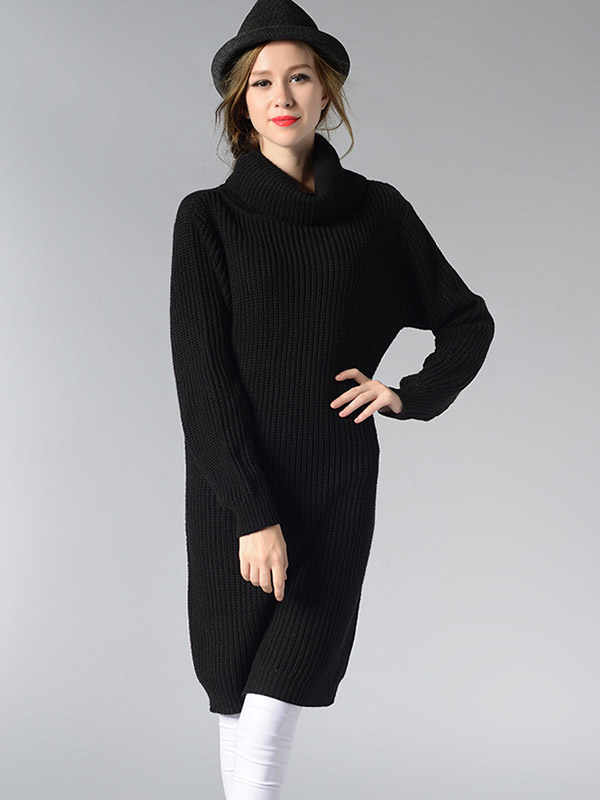 Black Loose Midi Knit Dresses With Funnel Neck