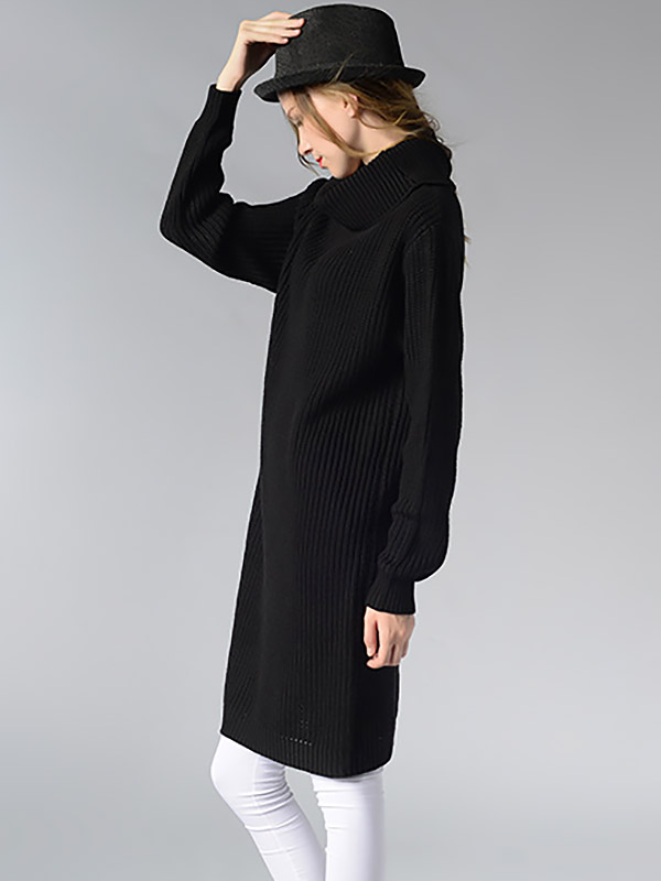 Black Loose Midi Knit Dresses With Funnel Neck