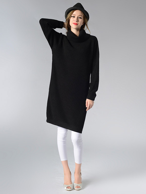 Black Loose Midi Knit Dresses With Funnel Neck