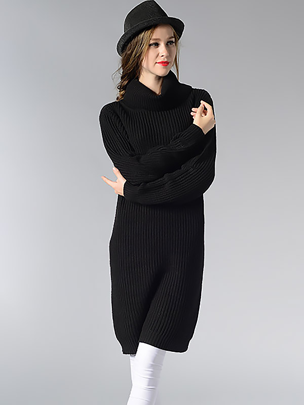 Black Loose Midi Knit Dresses With Funnel Neck