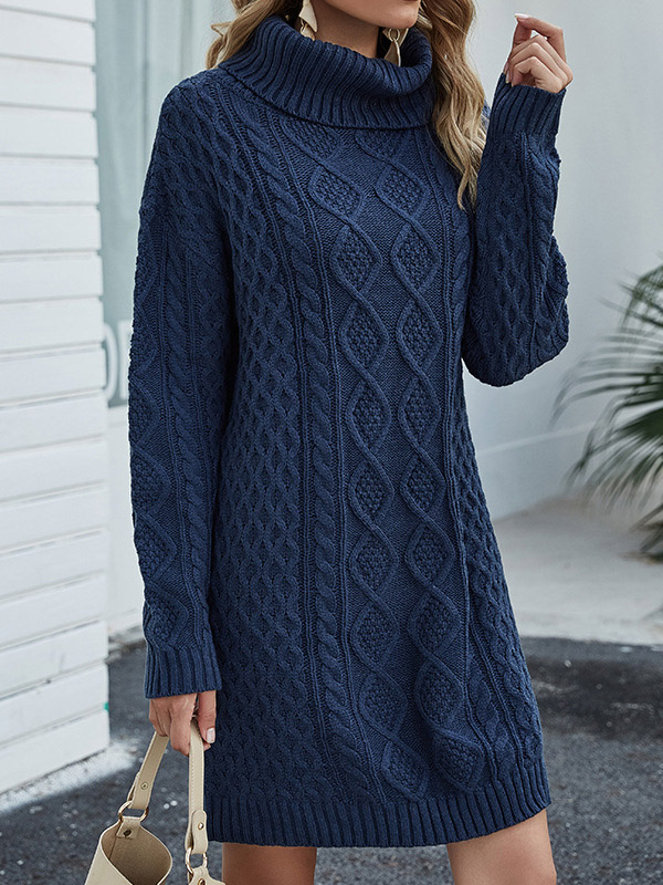 Navy Blue Hollow-carved Design Oversized Knit Dresses