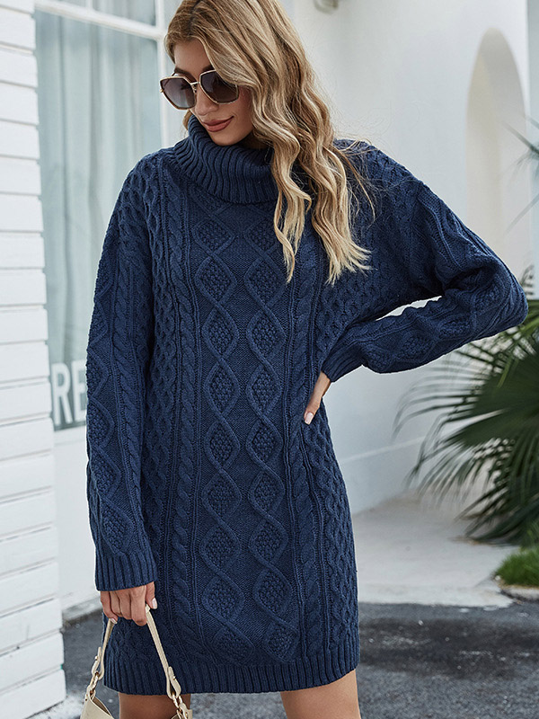 Navy Blue Hollow-carved Design Oversized Knit Dresses