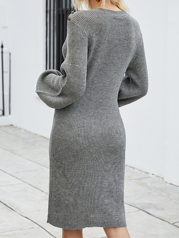 Grey V-neck Bodycon Knit Dresses With Puff Sleeves