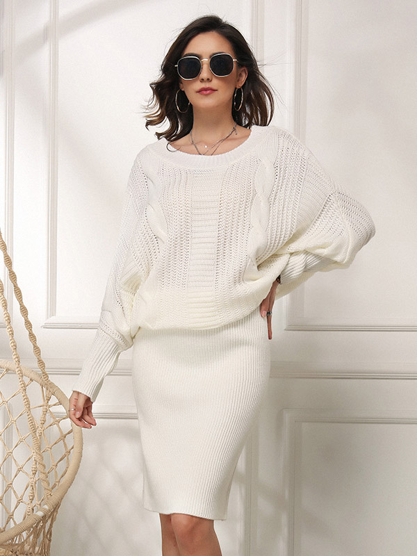 White Oversize Cape Sleeves Knit Dresses