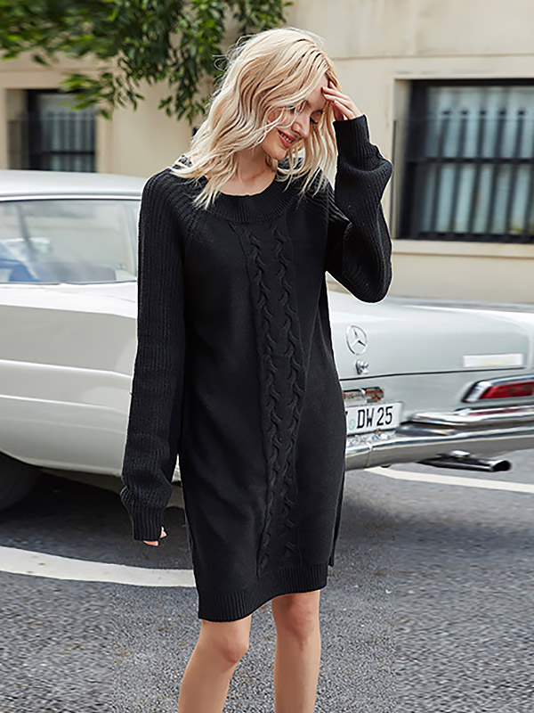 Black Comfortable Round Neck Knit Dresses