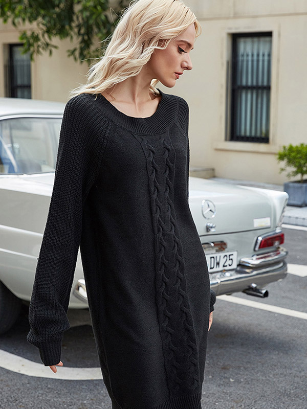 Black Comfortable Round Neck Knit Dresses