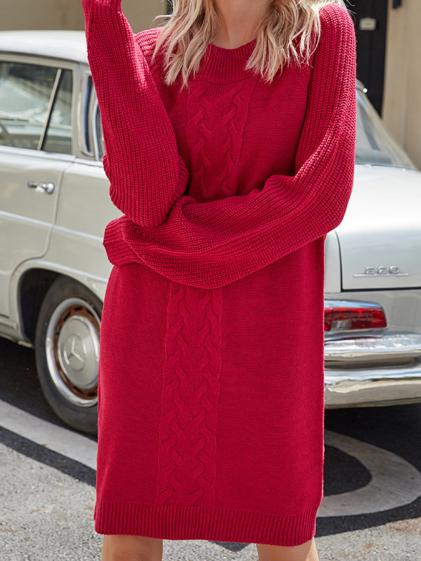 Red Comfortable Round Neck Knit Dresses