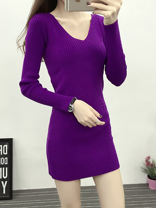 Purple Sexy V-neck Bodycon Midi Knit Dresses