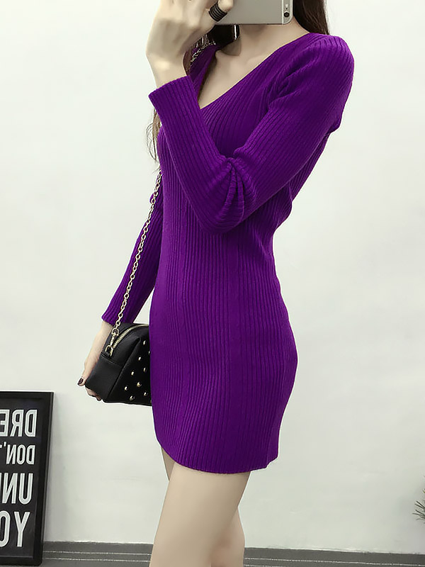 Purple Sexy V-neck Bodycon Midi Knit Dresses