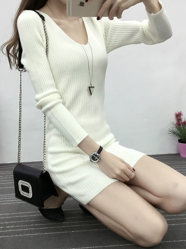 White Sexy V-neck Bodycon Midi Knit Dresses