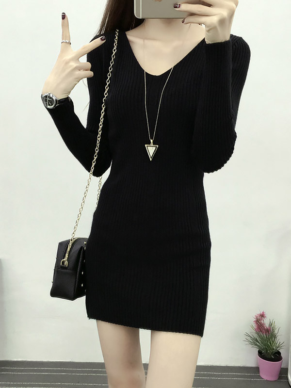 Black Sexy V-neck Bodycon Midi Knit Dresses