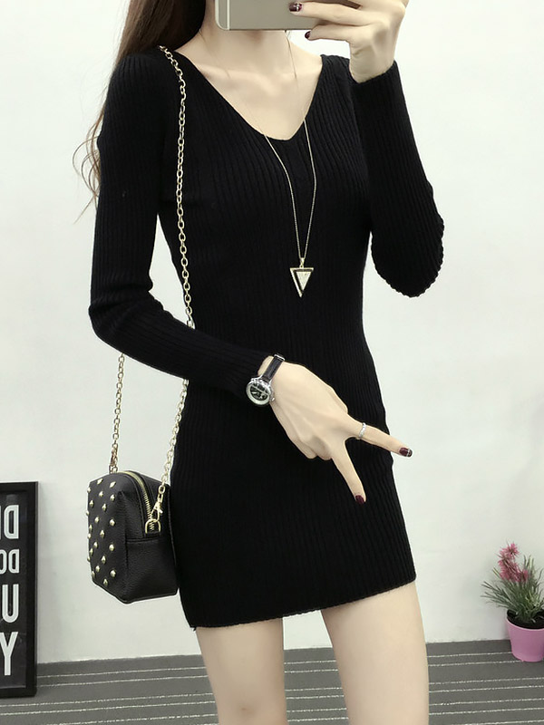 Black Sexy V-neck Bodycon Midi Knit Dresses