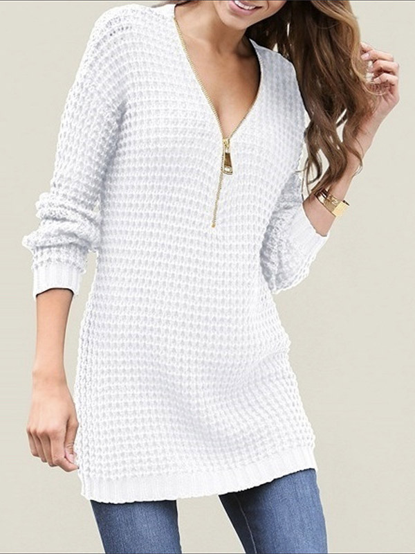 White V-neck Zip Fastening Midi Knit Dresses