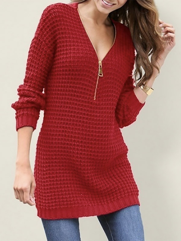 Red V-neck Zip Fastening Midi Knit Dresses