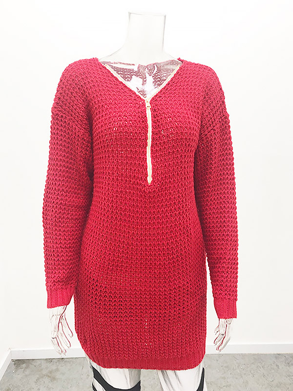 Red V-neck Zip Fastening Midi Knit Dresses