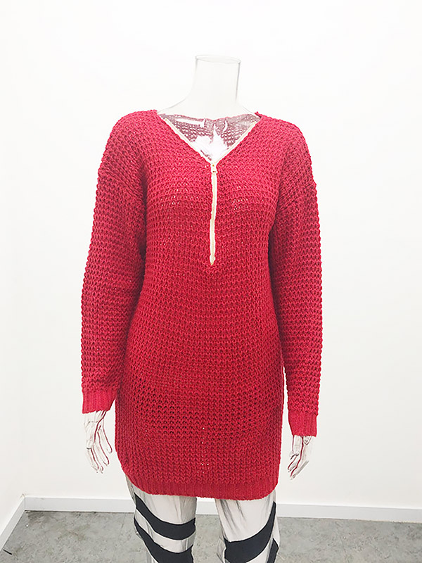 Red V-neck Zip Fastening Midi Knit Dresses