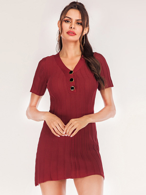 Burgundy V-neck Short Sleeve Mini Dress