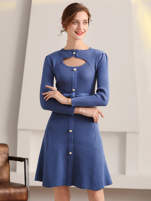 Blue Cutout A-line Knitted Dress