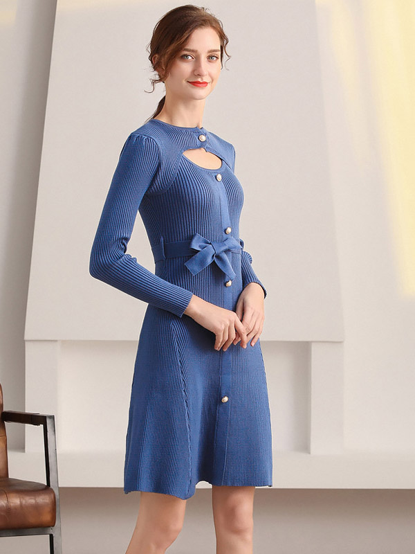 Blue Cutout A-line Knitted Dress