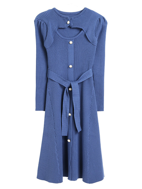 Blue Cutout A-line Knitted Dress