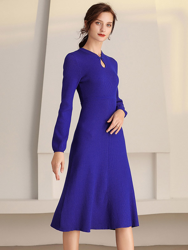 Purple Round Neck A-line Knitted Dress