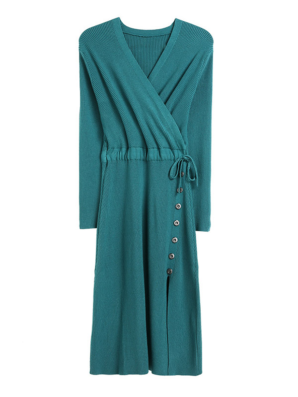 Green V-neck Tie Waist Wrap Dress