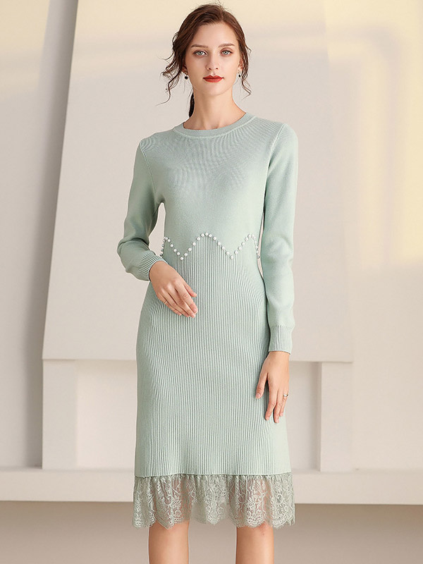 Light Green Crew Neck Knitted Dress with Lace & Beading Detail