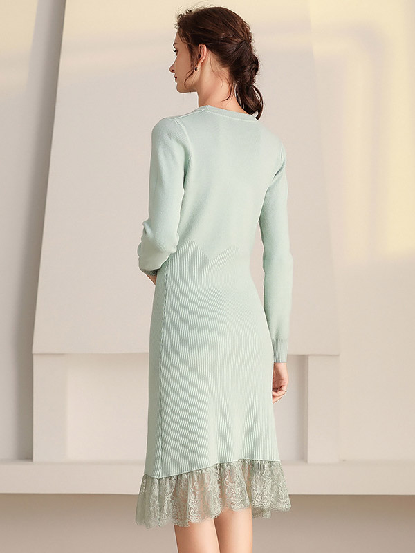 Light Green Crew Neck Knitted Dress with Lace & Beading Detail