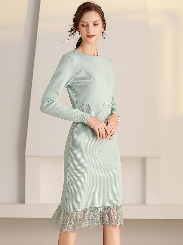 Light Green Crew Neck Knitted Dress with Lace & Beading Detail