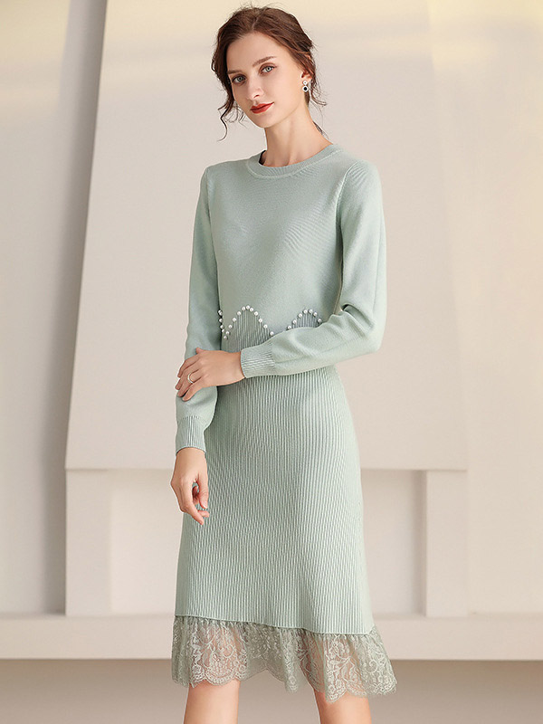 Light Green Crew Neck Knitted Dress with Lace & Beading Detail