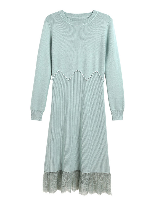 Light Green Crew Neck Knitted Dress with Lace & Beading Detail