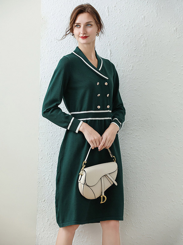 Dark Green Shawl Collar Double Breasted Knitted Dress