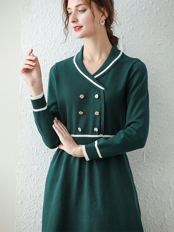 Dark Green Shawl Collar Double Breasted Knitted Dress