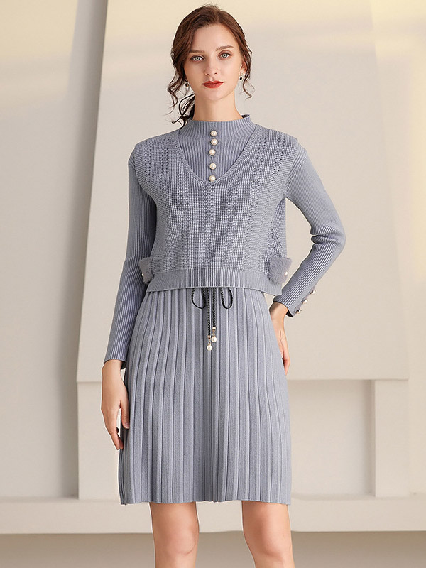 Blue Crew Neck Knitted Tie Waist Pleated Dress