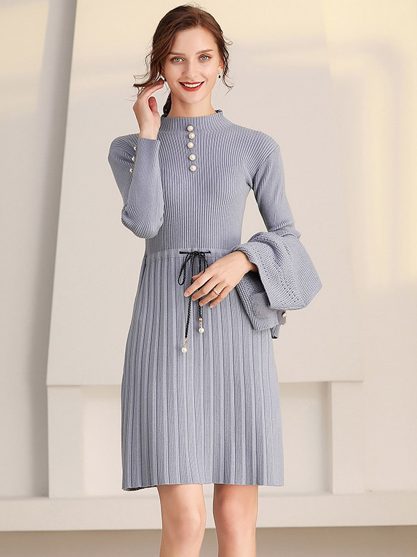 Blue Crew Neck Knitted Tie Waist Pleated Dress