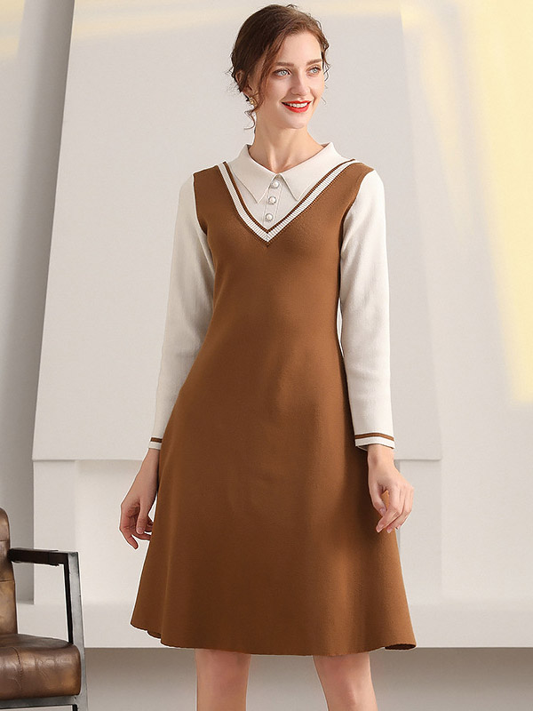 Brown Polo Collar Knitted Midi Dress