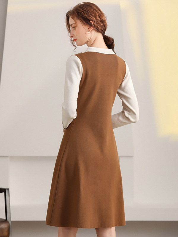 Brown Polo Collar Knitted Midi Dress