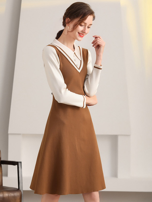 Brown Polo Collar Knitted Midi Dress