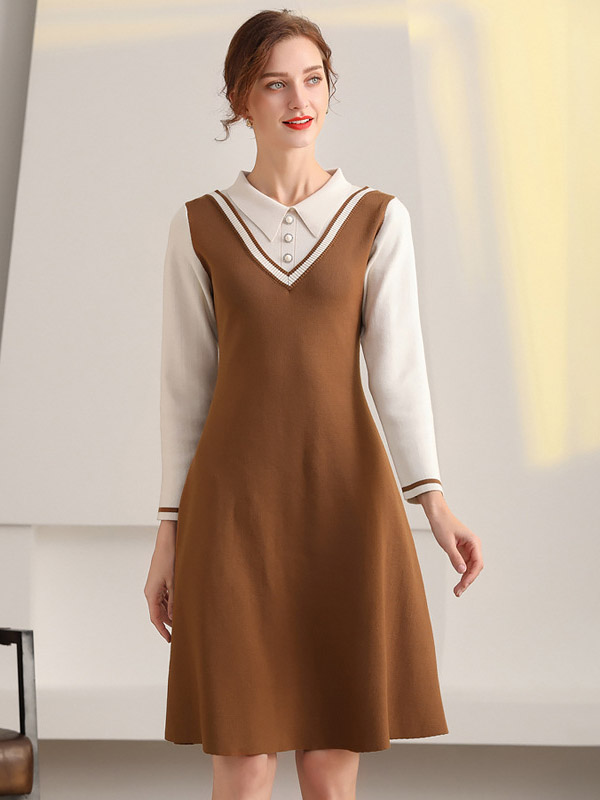 Brown Polo Collar Knitted Midi Dress