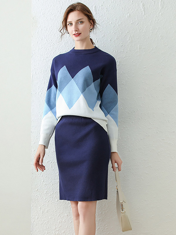 Blue Diamond Check Sweater & Skirt Set