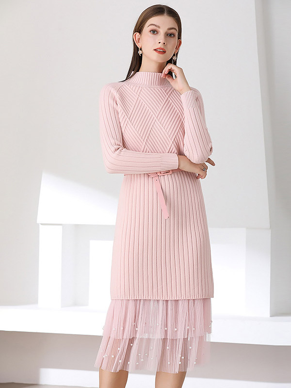 Pink Stand Collar Knitted Midi Dress with Mesh Skirt