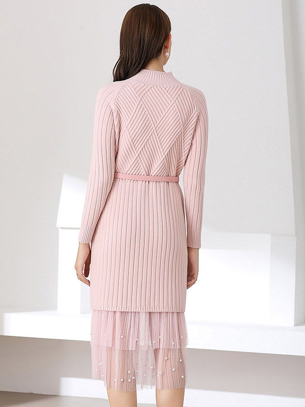 Pink Stand Collar Knitted Midi Dress with Mesh Skirt