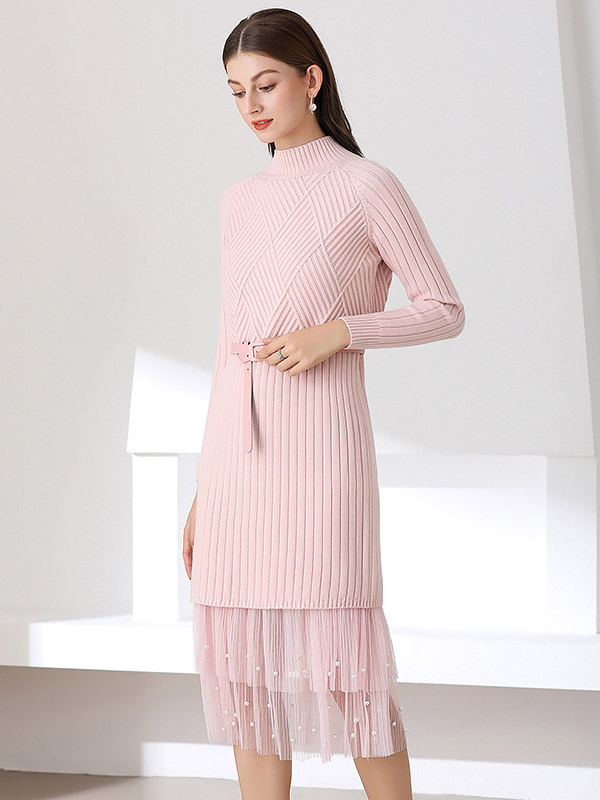 Pink Stand Collar Knitted Midi Dress with Mesh Skirt